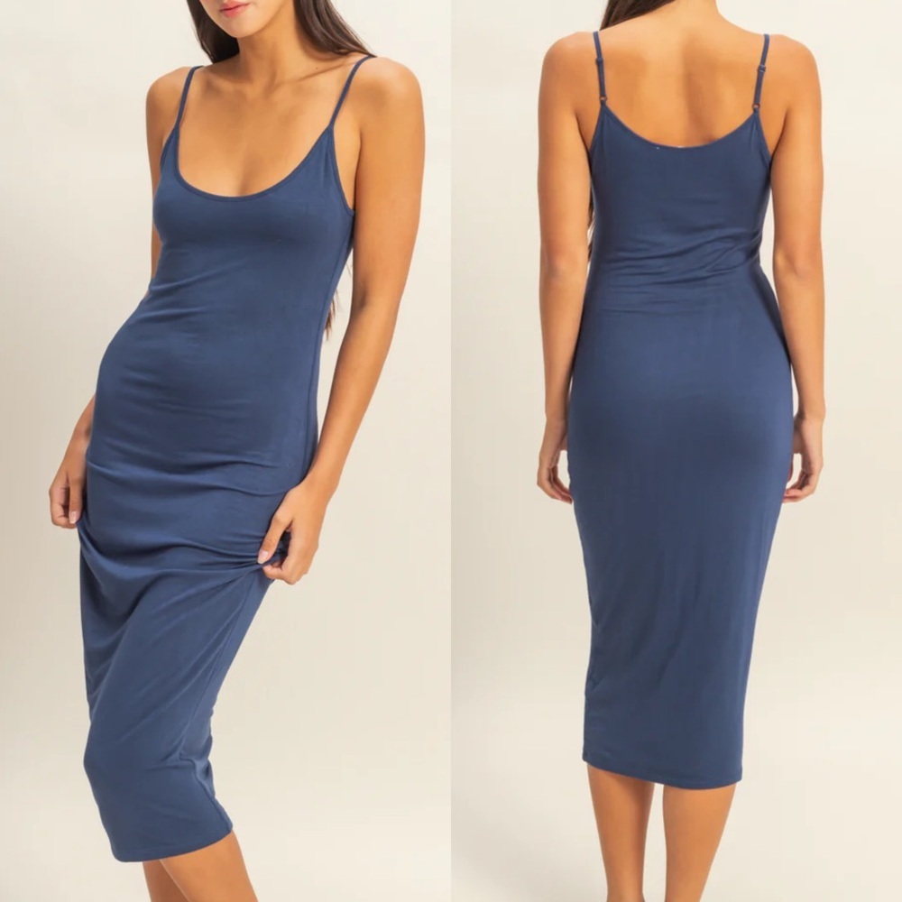 NEW Double Zero Dark Blue Bodycon Midi Cami Dress Stretch Size Large